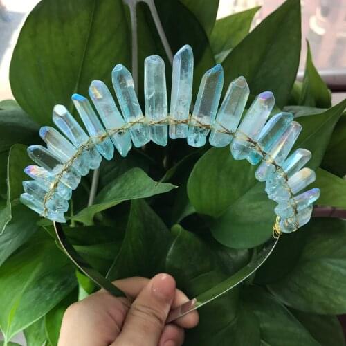 Gold Wire Wrapped Raw Crystal Point Crown Tiara,Healing Reiki Quartz Witch Party Bridal Witchcraft Women Hairband Jewelry QC5028
