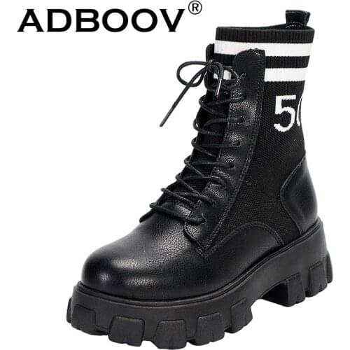 ADBOOV Plus Size 35-43 5G Sock Boots Women PU Leather Platform Chunky Boots Ladies Shoes
