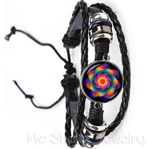 Flower Of Life Dazzling Blue Kaleidoscope Mandala For Women Girl Gift Glass Black Leather Bracelet Bangle Jewelry Bijouterie