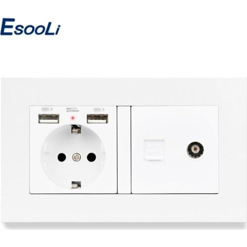 Esooli Plastic Panel EU Standard Wall Socket 2 USB Charge Port Hidden Soft LED +Female TV Connector and Telephone Connector