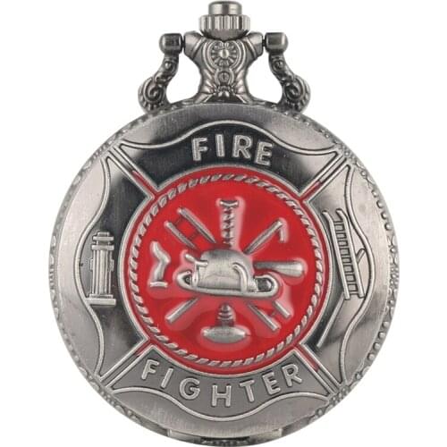 Gray Red Fire Fighter Symbol Carving Pocket Watch Steampunk Firefighter Cover Quartz Watch Fireman Pendant Gift Necklace Chain