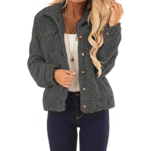 Womens Lapel Button Down Faux Shearling Coat Winter Warm Jacket with Pockets