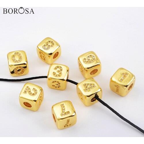BOROSA Gold CZ Micro Paved Square Number Beads 8.5mm Cube Crystal Spacer Beads Jewelry Accessories for Bracelets Making WX1334