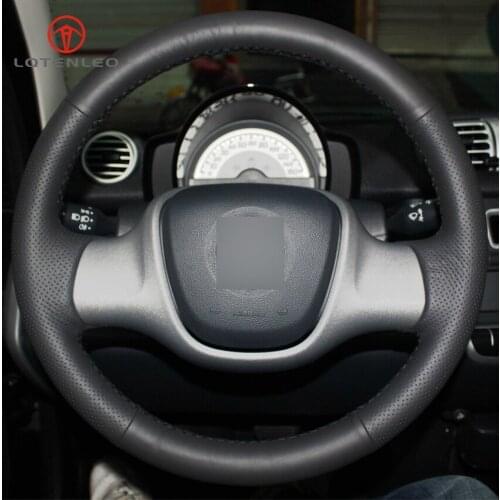 LQTENLEO Black Genuine Leather DIY Hand-stitched Car Steering Wheel Cover for Smart Fortwo