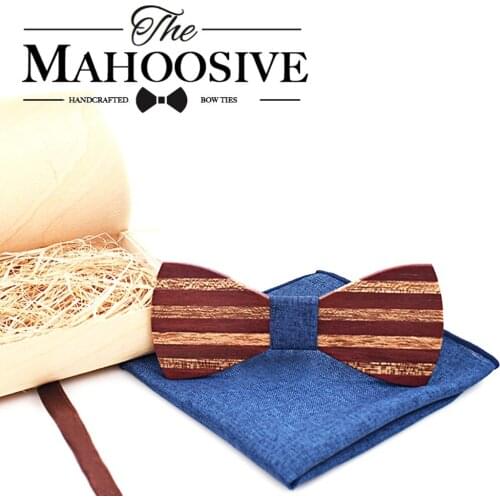 Mahoosive Patchwork Wooden bow tie with pocket square handkerchief Wood boxes Set for men Wedding Gravatas Slim Groom gift