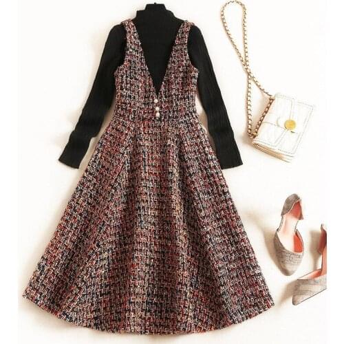 High Quality Fashion Winter Dress Women Clothes 2019 Autumn Full Sleeve Black Knit Sweater+Vintage Tweed Woolen Tank Dress 2pcs
