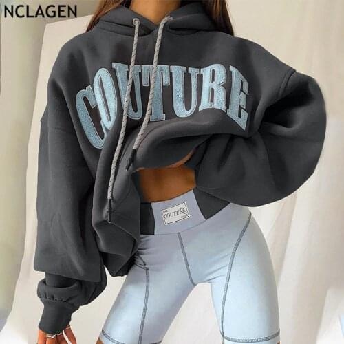 NCLAGEN Fashion Letter Patch Women Thick Warm Sweatshirts Loose Casual Pocket Hooded Hoodies 2021 New Streetwear Pullovers Top