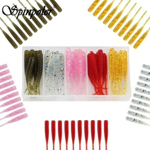 Spinpoler Fishing Lure Kit 50pcs Rocking Fish Soft Bait 4cm/3g Worm Dropshot Ice Fishing Plastic Silicone Bait Use Jig Head Shad