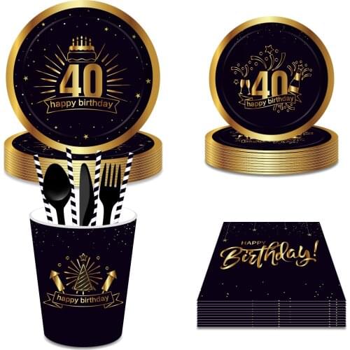 30/40/50th Black Gold Luxury Cake Flames Theme Aldult Happy Birthday Party Disposable Tableware Sets Plates Cups Napkins