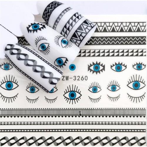 Nail Art Stickers Water Decals Eyes Geometry Black Line Stripe Nail Art Decorations For Manicure Accessories Watermark Design