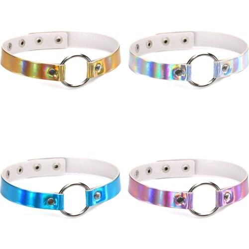 Neo Gothic Simple Short Necklace Laser Pink Yellow White Blue PU Leather Hollow Round Alloy Adjustable Choker Necklace Women