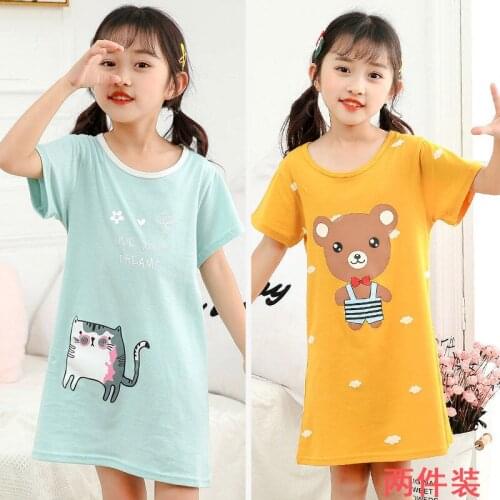 New Summer Girls Nightgown Pajamas Kids Short Sleeved Nightdress Cute 100%cotton Child Baby Sleeping Dress Size 6 8 10 12 Years