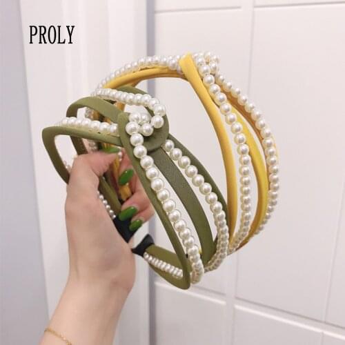 PROLY New Fashion Women Headband Candy Color Pearls Beaded Fabric Hair Band Casual Cross Knot Hairband Girls Hair Accessories