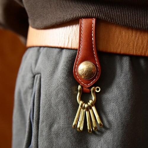 Genuine Leather Belt Key Chain Luxury Handmade Vegetable Tanned First Layer Cowhide Keychain Waist Hanging Holder Vintage Gift
