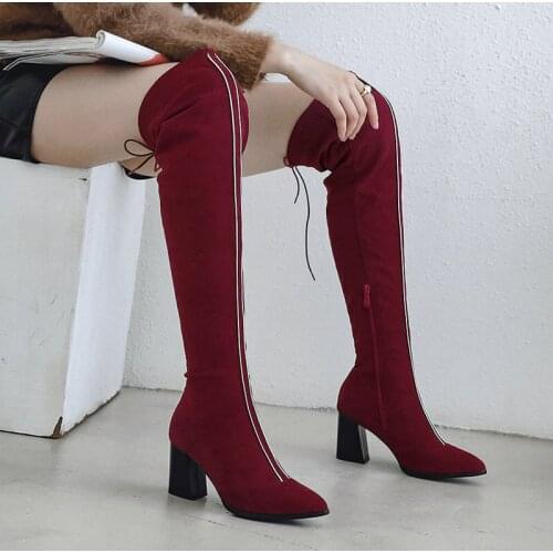 New Color Matching Lady Microfiber Stretch Over-The-Knee Boots Spring Autumn Fashion Lace-Up Square High-Heeled Womens Shoes