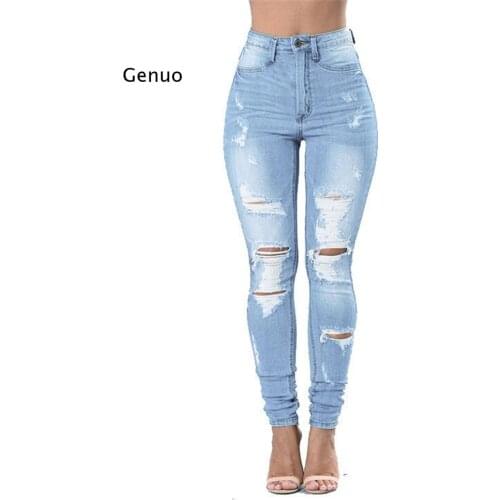 High Waist Women Slim Hole Ripped Denim Jeans Casual Stretch Skinny Trousers Jeans