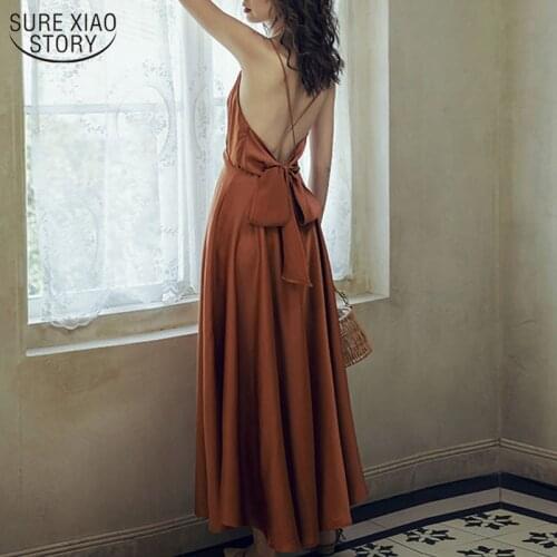 2021 Summer New Sundress Women Strap Sexy Beach Dress Strapless Backless V-Neck Satin Solid Vintage Party Dress Vestidos 13453