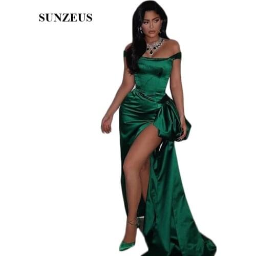 Sexy High Leg Slit Night Party Dresses for Women Boat Neck Off the Shoulder Sheath Evening Dresses Emerald Green Satin Prom Gown