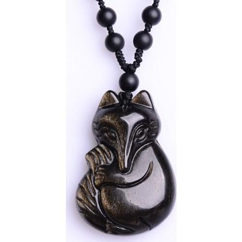 Gold Black Natural Obsidian Stone Pendant Nine Tails Fox Pendants Necklace Lucky For Women Men Fashion Jewelry JoursNeige
