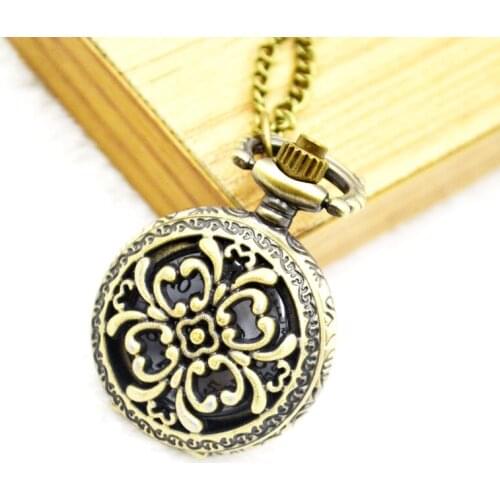 3087)12 pcs/lot Vintage bronze carved flower Pocket Watch Necklaces birthday concert Christmas party promotion gift
