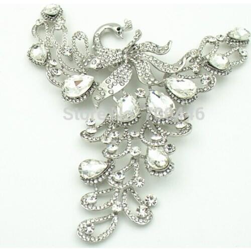 5.5 Inch Extra Large Silver Tone Rhinestone Diamante Peacock or Phoenix Brooch without Pin