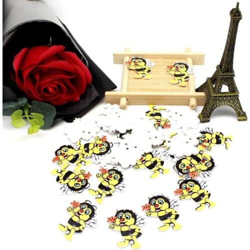 50pcs patterns cartoons Little bee Wood buttons Sewing Button Decorative Scrapbooking Sewing Accessories