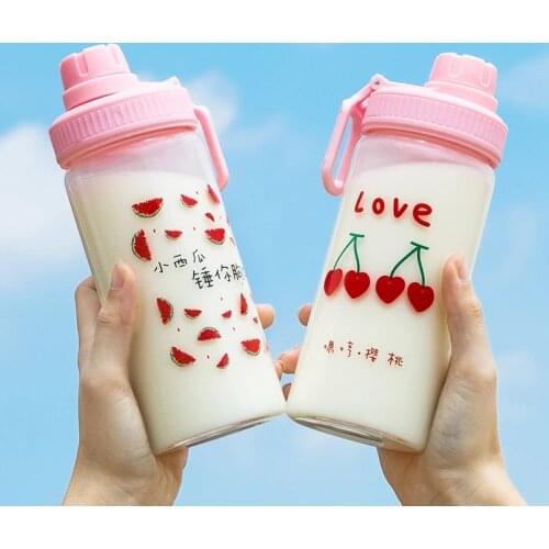 500ml Kawaii Milk Water Bottle With Straw Portable Leakproof Frosted Glass Fashion Cute Strawberry Drinking Coffee Cup
