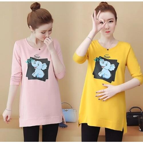 905# Maternity Clothes Long Sleeves O Neck T Shirt Easy Matching Loose Stylish Tops Pregnant Women Pregnancy Clothes