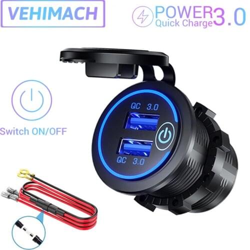 Dual QC3.0 Quick Charge Car Charger 12V/24V to 5V Car Power Adapter Waterproof Lid 2-USB Ports Charger with Independent Switch