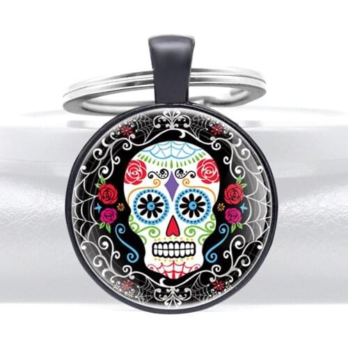 Black Classic Skull Flower Glass Dome Metal Key Chain Charm Men Women Key Ring pUNK Jewelry Gifts Keychains