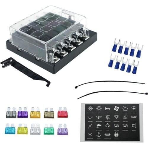 DC12V-24V Universal 10 Way Blade fuse box Holder for Car Boat Marine Trike RV Truck with LED Warning indicator Light accessory