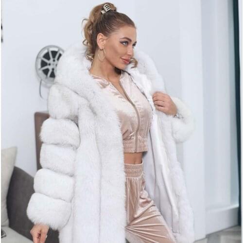 Vertical Strip Real Fox Fur Coat Female Hooded Long Women Overcoat Custom Made Xxxxxl