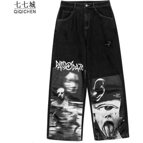 2021 Character Print Jeans Men Streetwear Straight Denim Pant Women Hip Hop Fashion Black Baggy jeans punk Harajuku Trousers