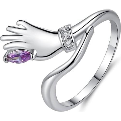 Hainon Hand Shape Rings For Women Purple Crystal Zircon Wedding Engagement Silver Color Jewelry Gift Newest Design