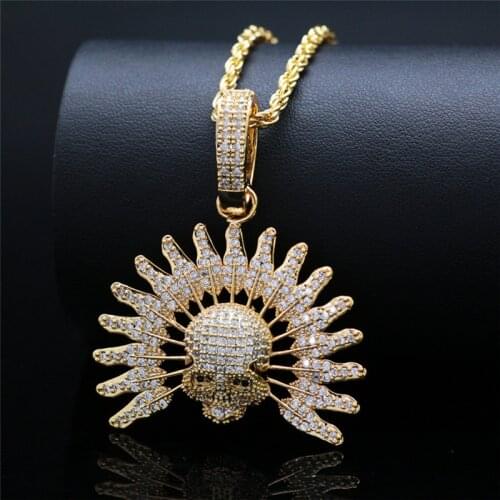 Iced Out Cubic Zircon Chief Skull Pendant Necklace Fashion Bling Full Rhinestone Hip Hop Jewelry For Men Party