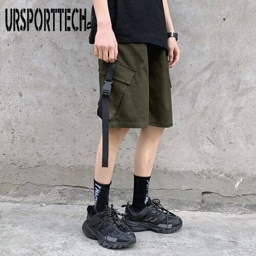 2020 Summer Casual Cargo Shorts Men Cotton Solid Side Ribbons Pockets Streetwear Mens Shorts Knee Length Bermuda Short Pants Men