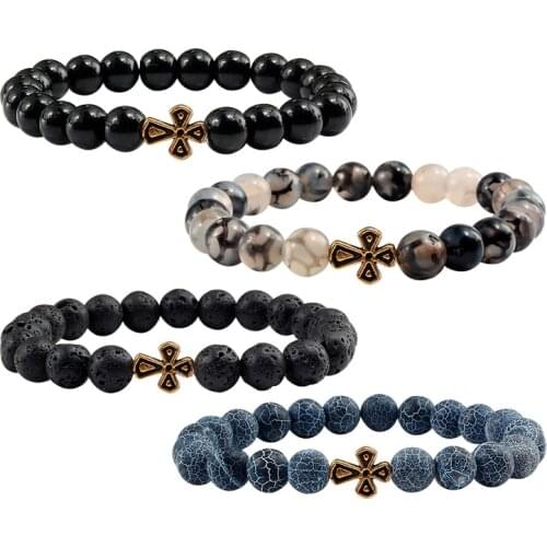 Trendy Black Volcanic Lava Beads Men Bracelet Charm Gold Cross Natural Stone Bracelets Women Meditation Prayer Bangles Jewelry