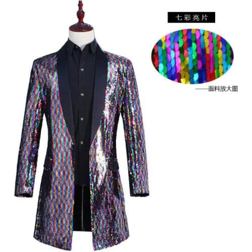 Discoloration Flip Colorful Sequin clothes men suits stage singers jacket men blazer dance fashion dress man long trench coats
