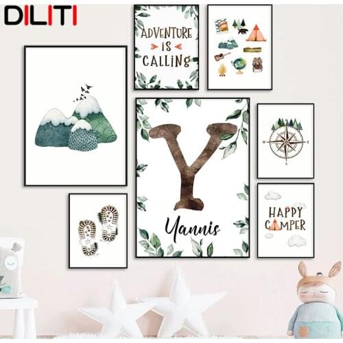 Custom Baby Name Nursery Wall Art Personalized Canvas Painting Adventure Camping Print Poster for Boys Bedroom Pictures Decor