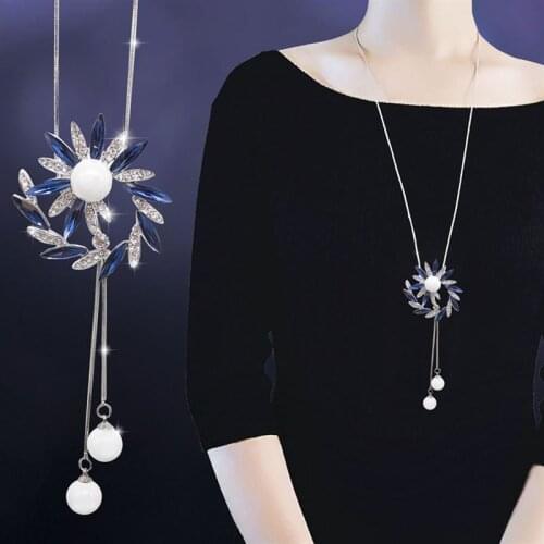 Fashion Jewelry Big Crystal Flower Long Chain Necklace For Women Blue White Rhinestone Necklaces Pendants Accessories