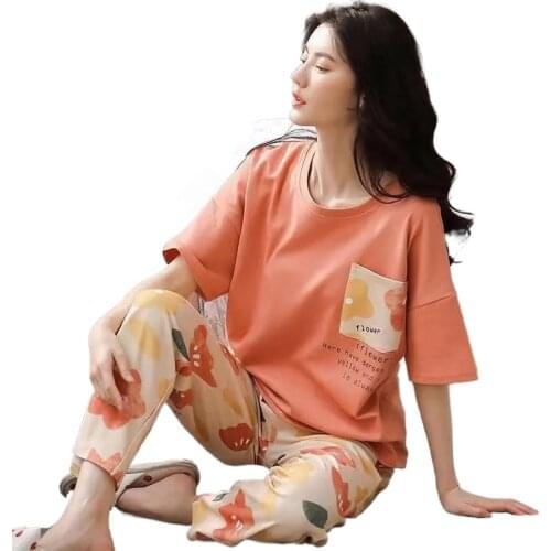 Short-sleeved Trousers Pajamas for Women Summer Cotton Two-piece Home Suit Cartoon Print Pyama Woman Set