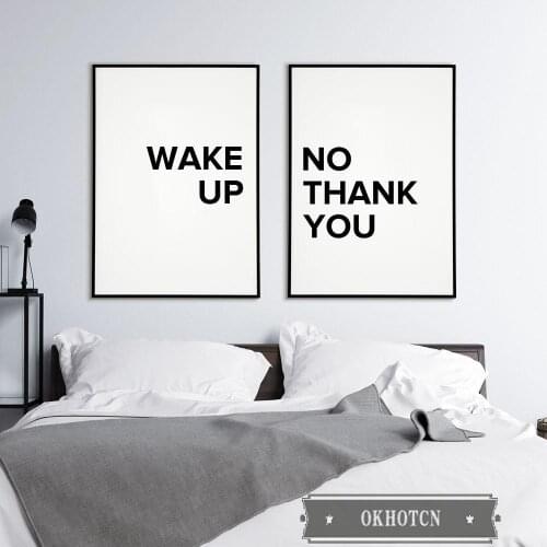 Wake Up No Thank You Posters Wall Art Funny Quote Prints Canvas Painting Nordic Modern Decorative Picture for Bedroom Gift