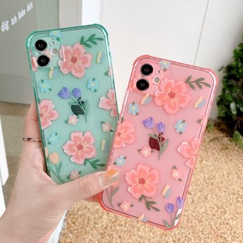 Cute Fashion Flower Leaves Shockproof Phone Case For iphone 12 11 Pro Max X XR XS Max 7 8 Plus Clear Soft Floral Back Cover Case