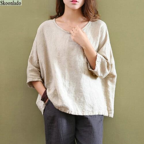 Plus size Women round neck casual linen blouse olid color cotton linen comfortable tops female simple elegant healthy linen fibr
