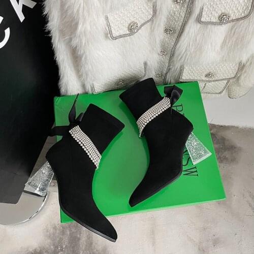 Luxury brand 2021 new winter ankle boots womens high heels shoes flock crystal Stretch boots female shoes bottes femme