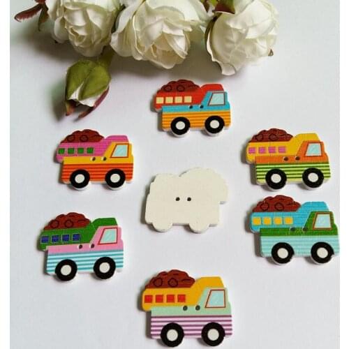 Retail 100Pcs Random Mixed Truck Shape 2 Holes Wood Painting Sewing Buttons Scrapbooking 27x32mm