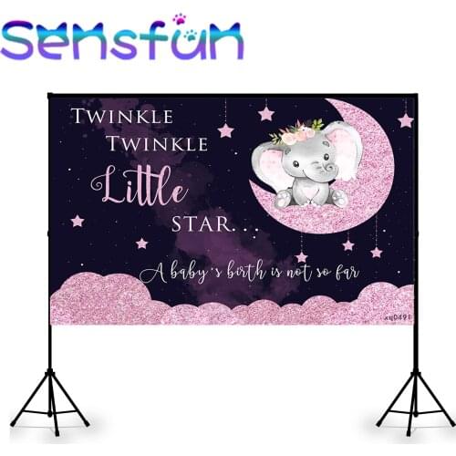 Pink Glitter Welcome Baby Elephant Background Custom Moon Twinkle Little Star Baby Shower Backdrop for Kid Birthday Party Banner