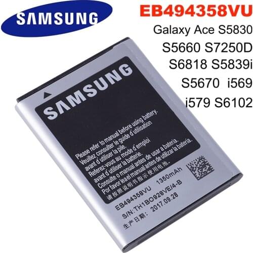 Samsung Original Battery EB494358VU For Samsung Galaxy Ace S5830 S5660 S7250D S5670 i569 I579 GT-S6102 S6818 GT-S5839i 1350mAh