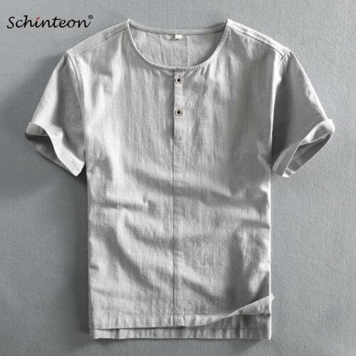 Schinteon Men Summer Casual Cotton Linen Shirt Short Sleeve Loose Comfortable Pullover Shirt Vintage Chinese Traditional Top