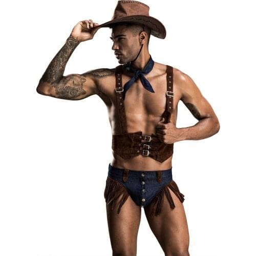Sexy Mens Lingerie west cowboy Outfit Underwear GAY VEST SUSPENDERS FETISH Clubwear Party fancy dress Set J7213